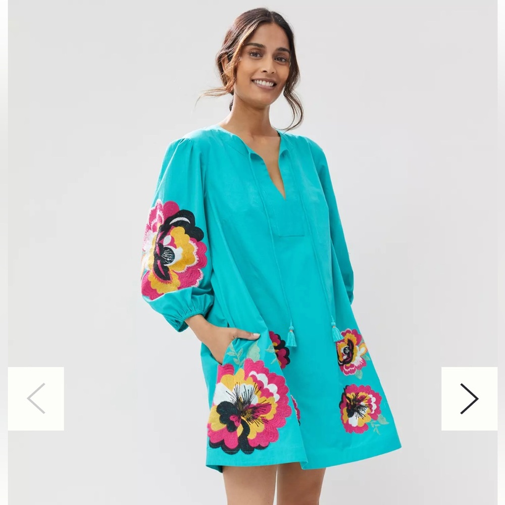Maeve Teal Dress with Floral Embroidery